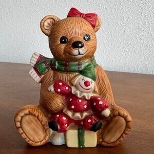 Vintage HOMCO Christmas Teddy Bear Figurine, Holiday Bear Collectible